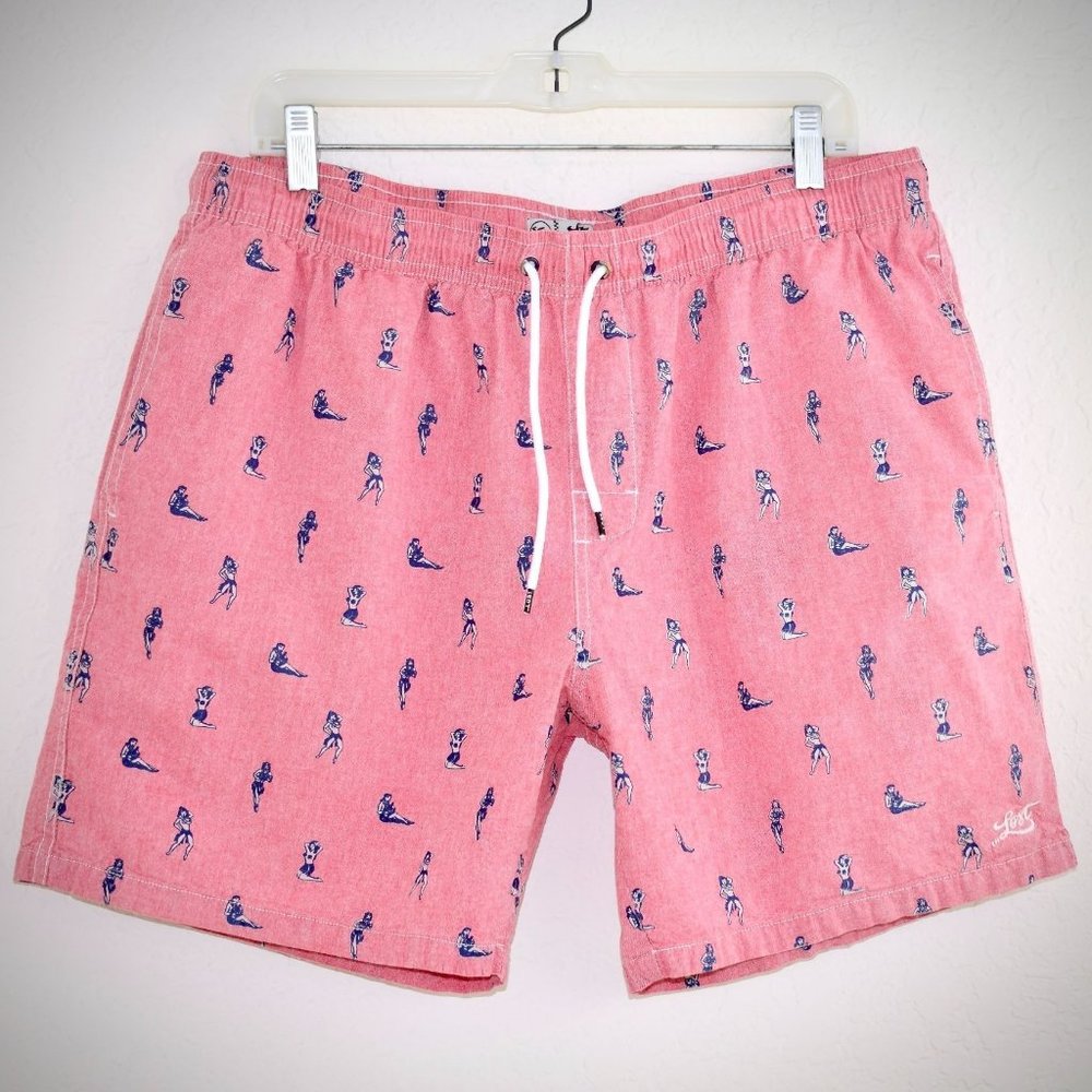 Lost Enterprises Vintage Hula Girl Beach Shorts XL Cotton Pink Drawstring Waist